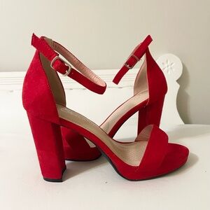 RED FAUX SUEDE BLOCK CHUNKY HIGH HEEL OPEN TOE ANKLE STRAP SANDAL SHOELAND